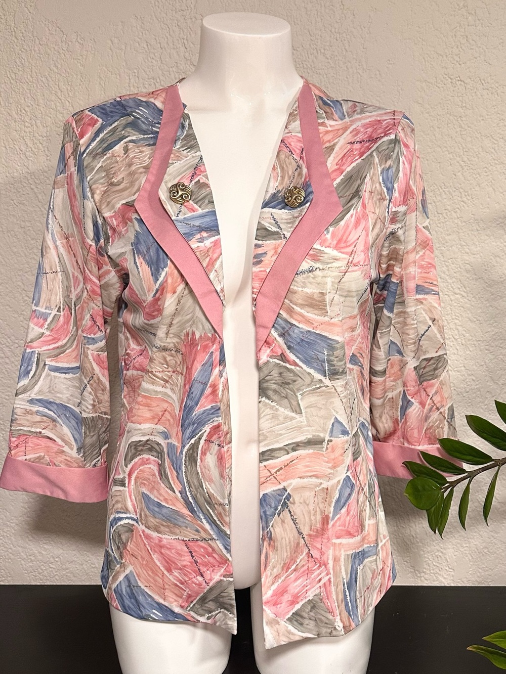 Vintage Blair Multicolor Printed Open-Front Blazer with Pink Trim